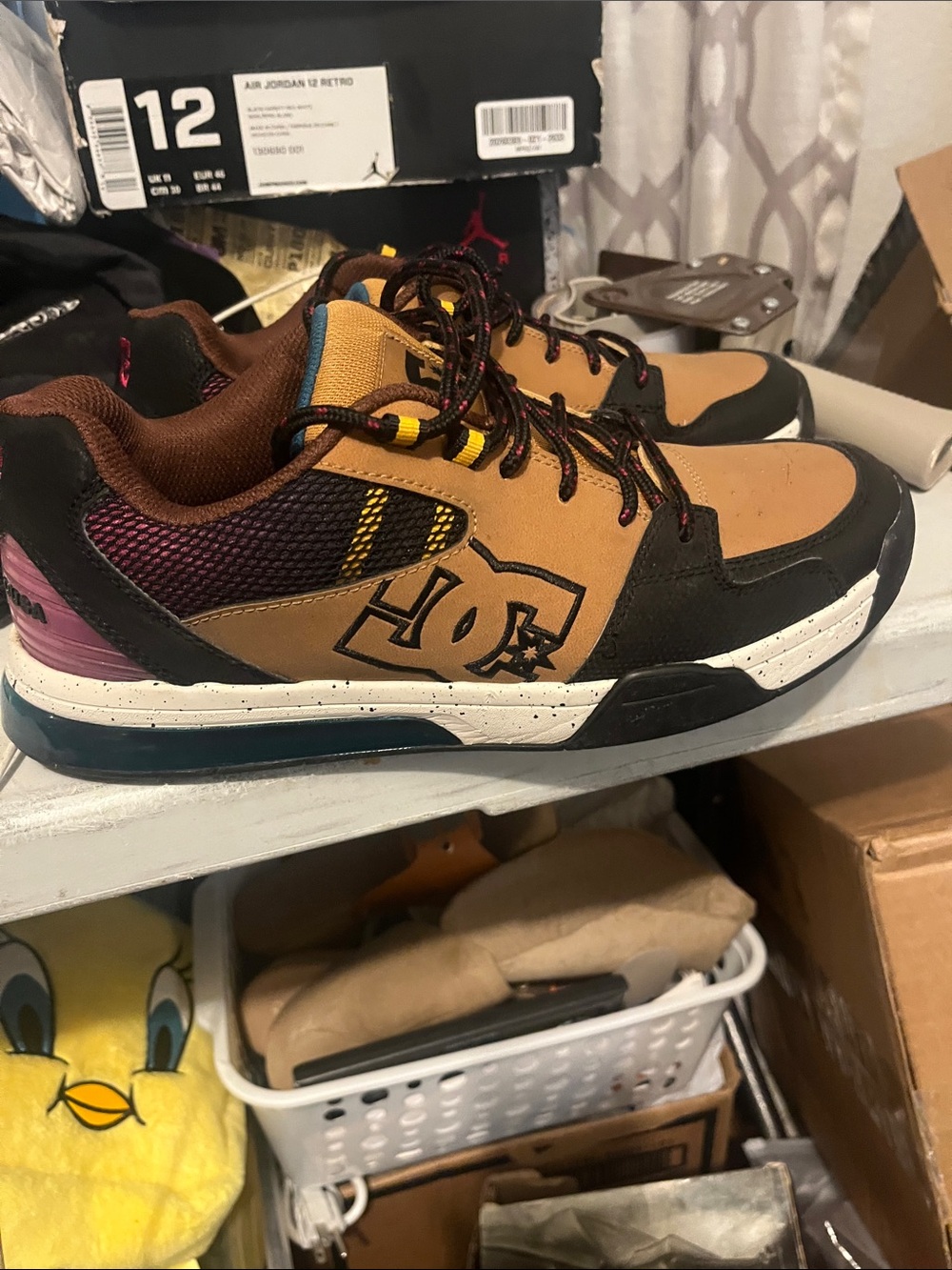 DC Brown and Black Low-Top Skate Sneakers with Purple Accent